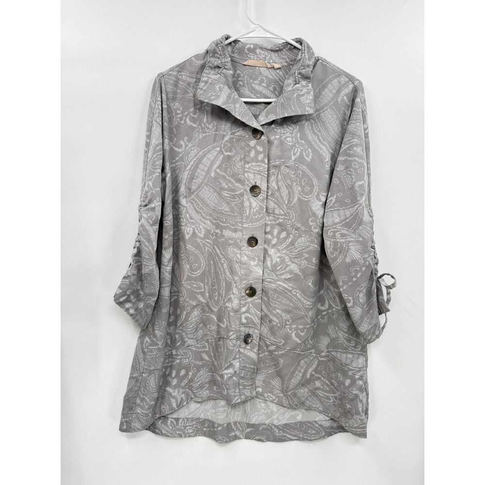 Soft Surroundings M Tunic Women Grey Paisley Ruched Sleeve Tencel Lyocell 2AV16